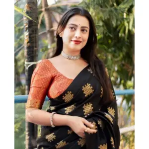Women's Silk Printed Saree with Blouse – Black-Orange