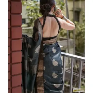 Women's Silk Printed Saree with Blouse – Black