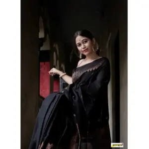 Women's Silk Printed Saree with Blouse – Black