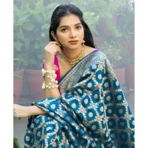 Women's Silk Printed Saree with Blouse – Sky Blue
