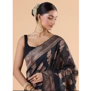 Women's Silk Printed Saree with Blouse – Black