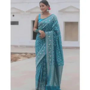 Women's Silk Printed Saree with Blouse – Sky Blue