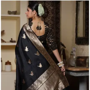 Women's Silk Printed Saree with Blouse – Black