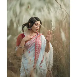 Women's Cotton Printed Saree with Blouse – White-Red
