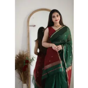 Women's Cotton Printed Saree with Blouse – Dark Green