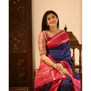 Women's Silk Printed Saree with Blouse – Navy Blue