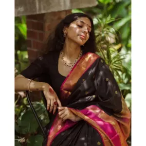 Women's Silk Printed Saree with Blouse – Black-Pink