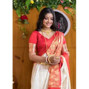 Women's Silk Printed Saree with Blouse – White-Red