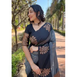 Women's Silk Printed Saree with Blouse – Grey