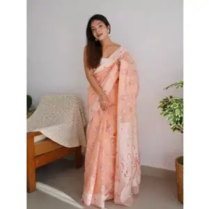 Women's Cotton Printed Saree with Blouse – Peach