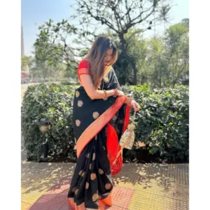 Women's Silk Printed Saree with Blouse – Black-Red