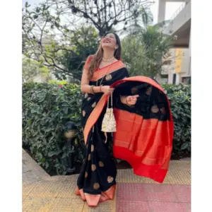 Women's Silk Printed Saree with Blouse – Black-Red