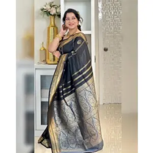 Women's Silk Printed Saree with Blouse – Black