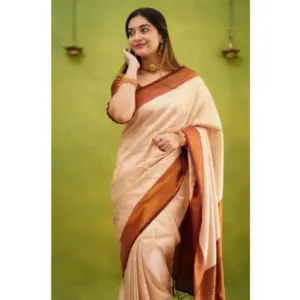 Women's Silk Printed Saree with Blouse – Cream