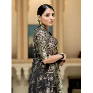 Women's Silk Printed Saree with Blouse – Black