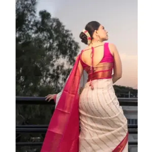 Women's Silk Printed Saree with Blouse – White-Pink