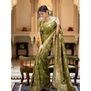 Women's Silk Printed Saree with Blouse – Olive Green