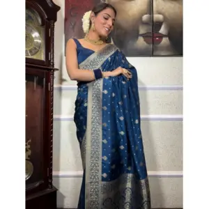 Women's Silk Printed Saree with Blouse – Rama Blue