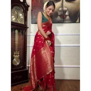 Women's Silk Printed Saree with Blouse – Red