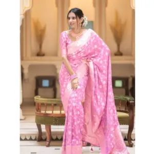 Women's Silk Printed Saree with Blouse – Pink