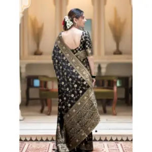 Women's Silk Printed Saree with Blouse – Black