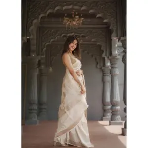 Women's Cotton Printed Saree with Blouse – Cream