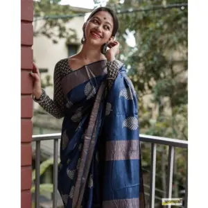 Women's Silk Printed Saree with Blouse – Navy Blue