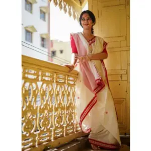 Women's Cotton Printed Saree with Blouse – White