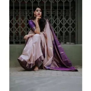 Women's Silk Printed Saree with Blouse – Purple