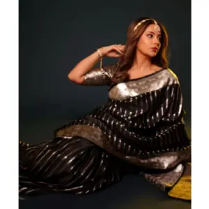 Women's Silk Printed Saree with Blouse – Black
