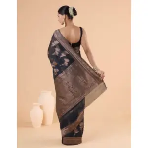 Women's Silk Printed Saree with Blouse – Black