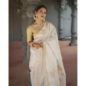Women's Cotton Printed Saree with Blouse – White