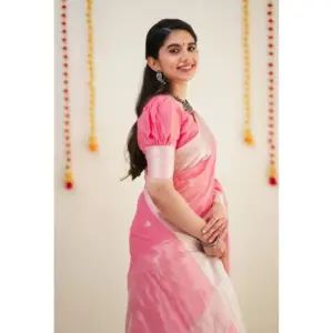 Women's Cotton Printed Saree with Blouse – Pink