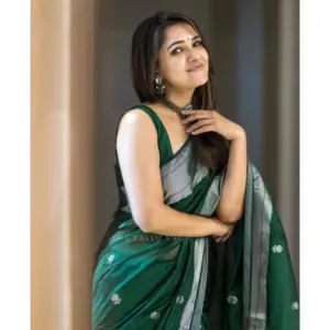 Women's Cotton Printed Saree with Blouse – Green