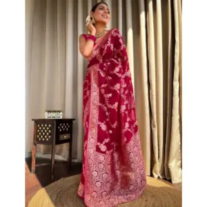 Women's Silk Printed Saree with Blouse – Pink
