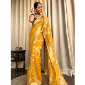 Women's Silk Printed Saree with Blouse – Gold Yellow