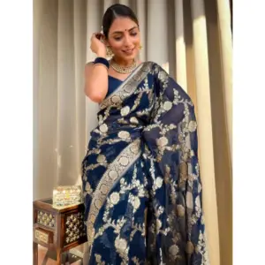 Women's Silk Printed Saree with Blouse – Dark Blue