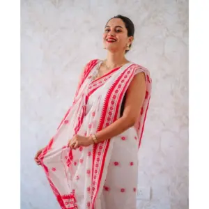 Women's Cotton Printed Saree with Blouse – White-Pink