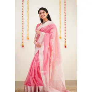 Women's Cotton Printed Saree with Blouse – Pink
