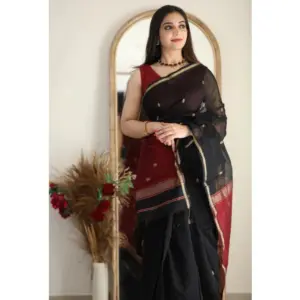 Women's Cotton Printed Saree with Blouse – Black