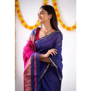 Women's Cotton Printed Saree with Blouse – Blue