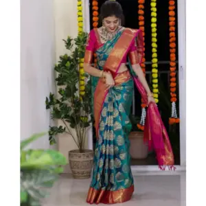 Women's Silk Printed Saree with Blouse – Teal Blue