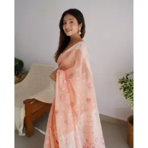 Women's Cotton Printed Saree with Blouse – Peach