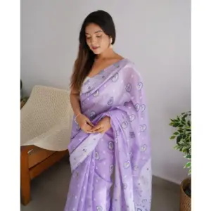 Women's Cotton Printed Saree with Blouse – Lavender