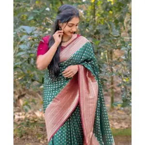 Women's Silk Printed Saree with Blouse – Green-Red