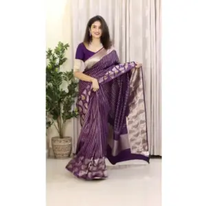 Women's Silk Printed Saree with Blouse – Purple