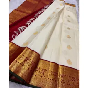 Women's Silk Printed Saree with Blouse – Off White-Red