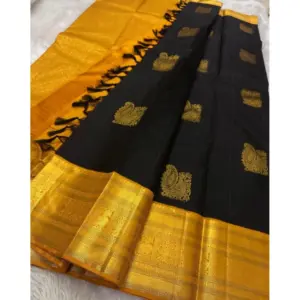 Women's Silk Printed Saree with Blouse – Black