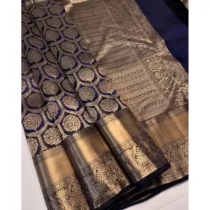 Women's Silk Printed Saree with Blouse – Navy Blue