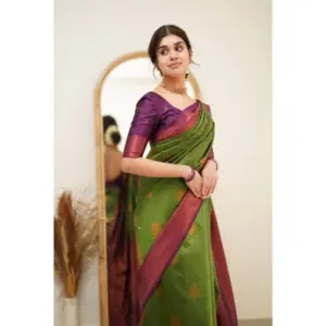 Women's Silk Printed Saree with Blouse – Green